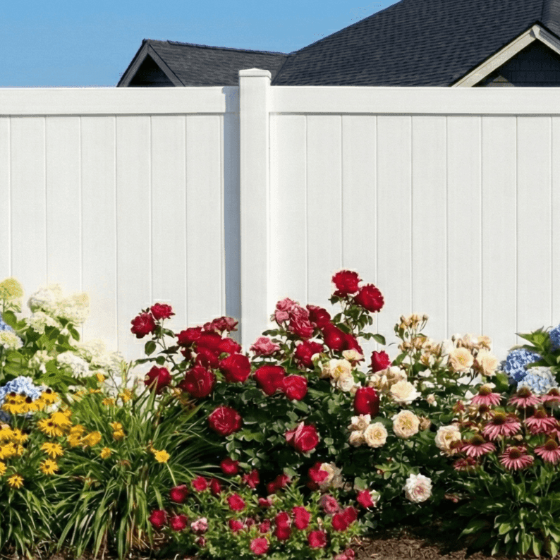 Close up of a fence using manufactured wood materials